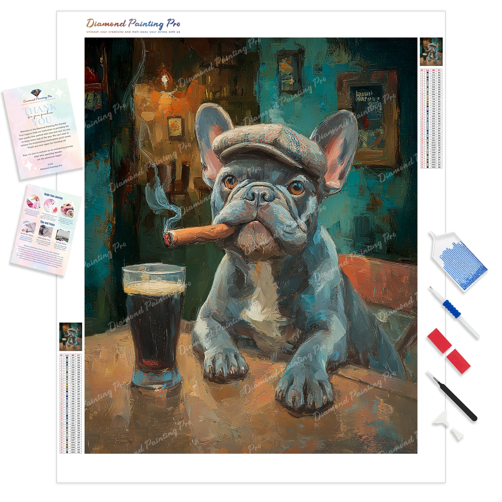 Bulldog and Cigar Diamond Painting Kit - Full Drill / Square or Round Diamonds with AB Drills Option