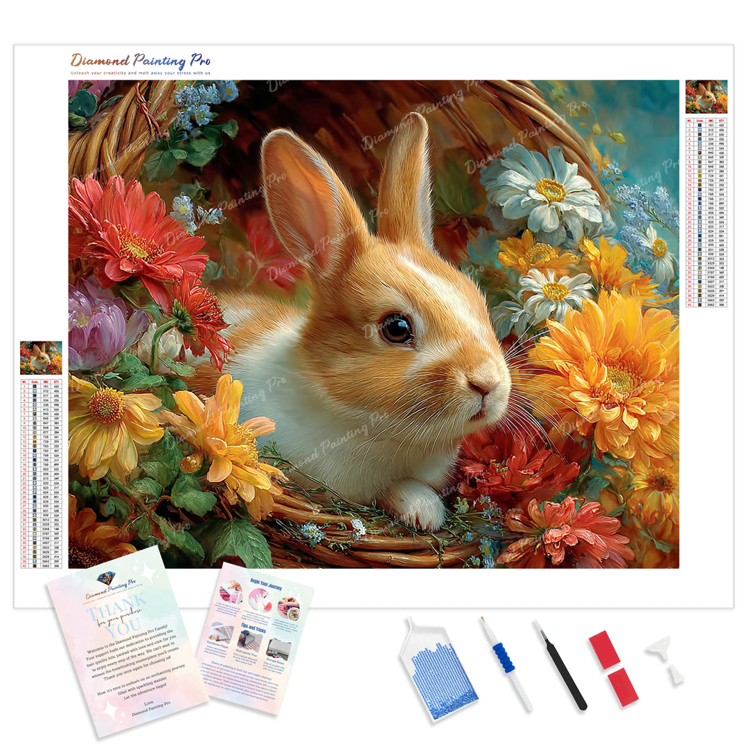 Bunny and Flower Basket Diamond Painting Kit - Full Drill / Square or Round Diamonds with AB Drills Option