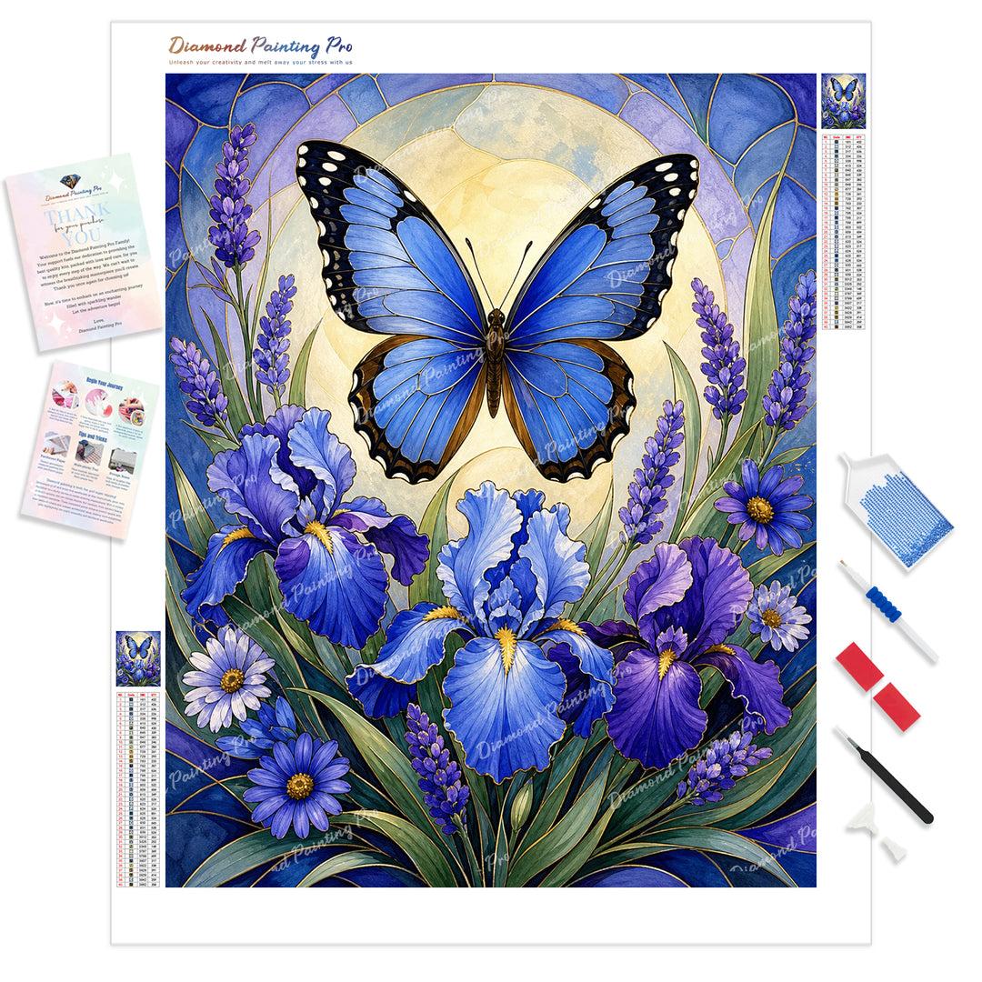 Butterfly and Irises Diamond Painting Kit - Full Drill / Square or Round Diamonds with AB Drills Option