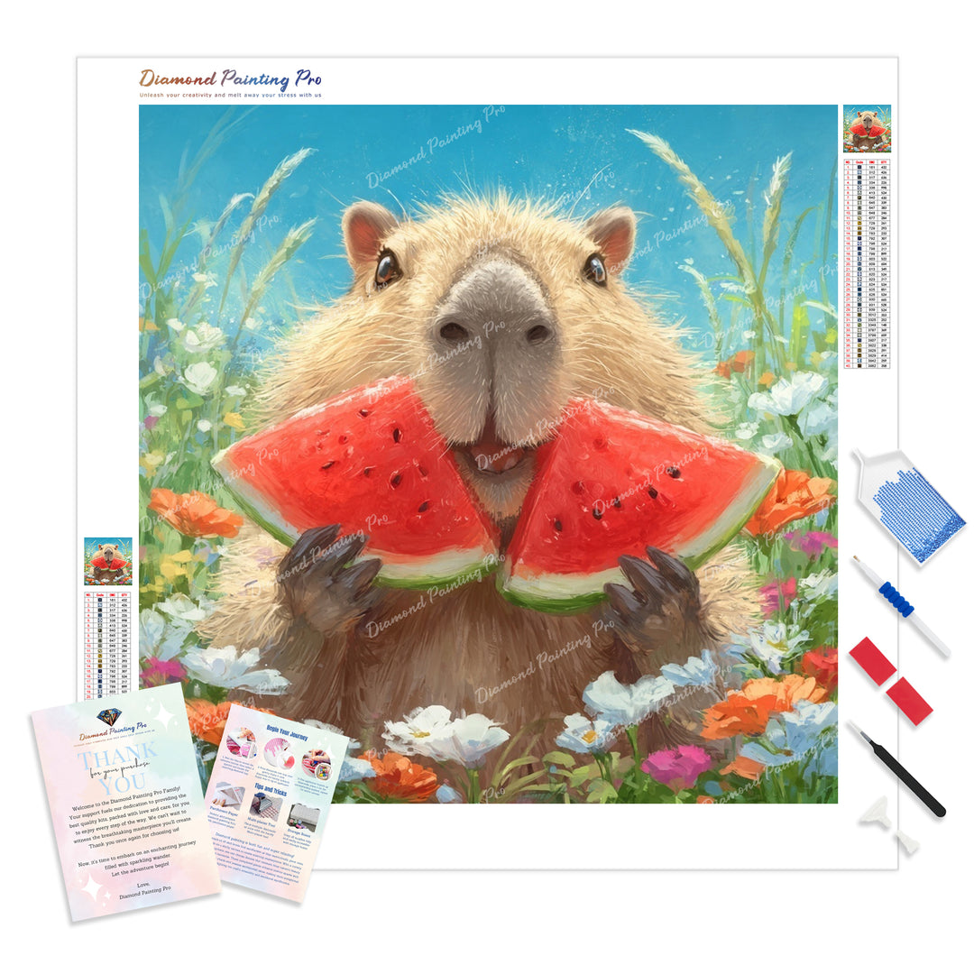 Capybara and Watermelon Diamond Painting Kit - Full Drill / Square or Round Diamonds with AB Drills Option