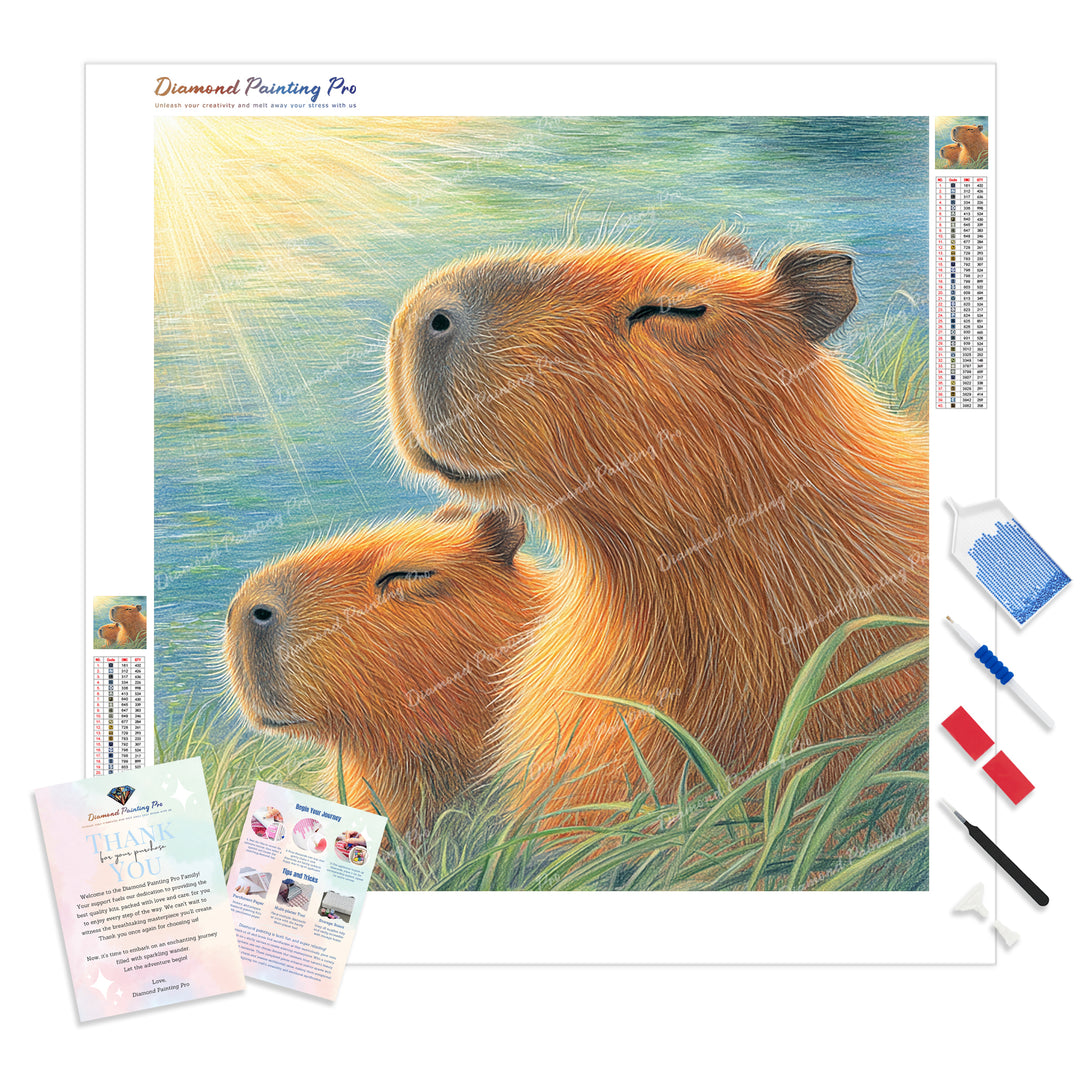 Capybaras in the Sun Diamond Painting Kit - Full Drill / Square or Round Diamonds with AB Drills Option