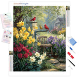 Cardinals in Spring Garden Diamond Painting Kit - Full Drill / Square or Round Diamonds with AB Drills Option