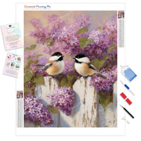 Chickadees and Lilac Diamond Painting Kit - Full Drill / Square or Round Diamonds with AB Drills Option