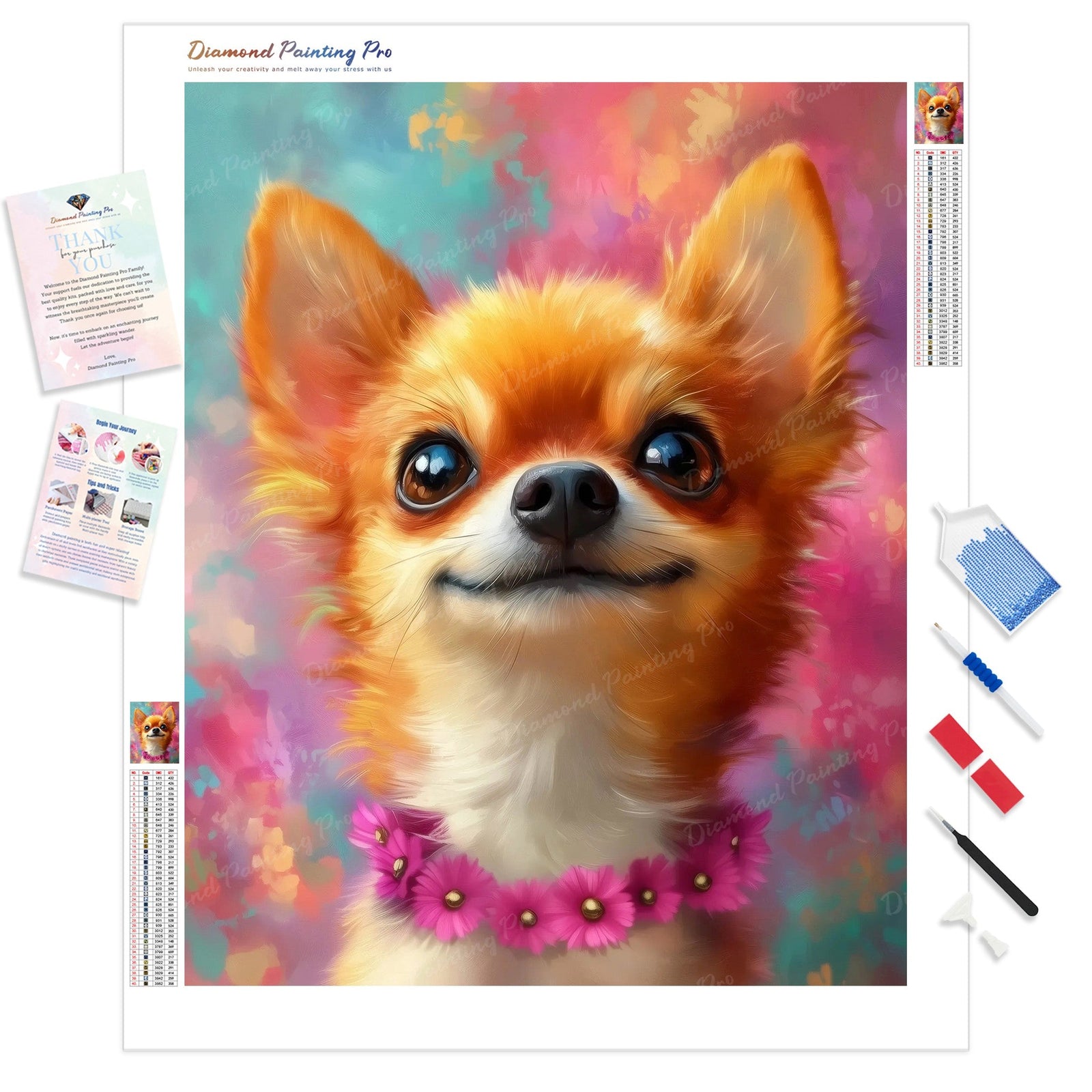 Chihuahua with Daisies Diamond Painting Kit - Full Drill / Square or Round Diamonds with AB Drills Option