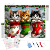 Christmas Stocking Kittens Diamond Painting Kit - Full Drill / Square or Round Diamonds with AB Drills Option