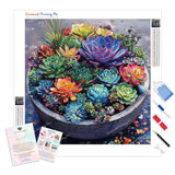 Colorful Succulent Bowl Diamond Painting Kit - Full Drill / Square or Round Diamonds with AB Drills Option