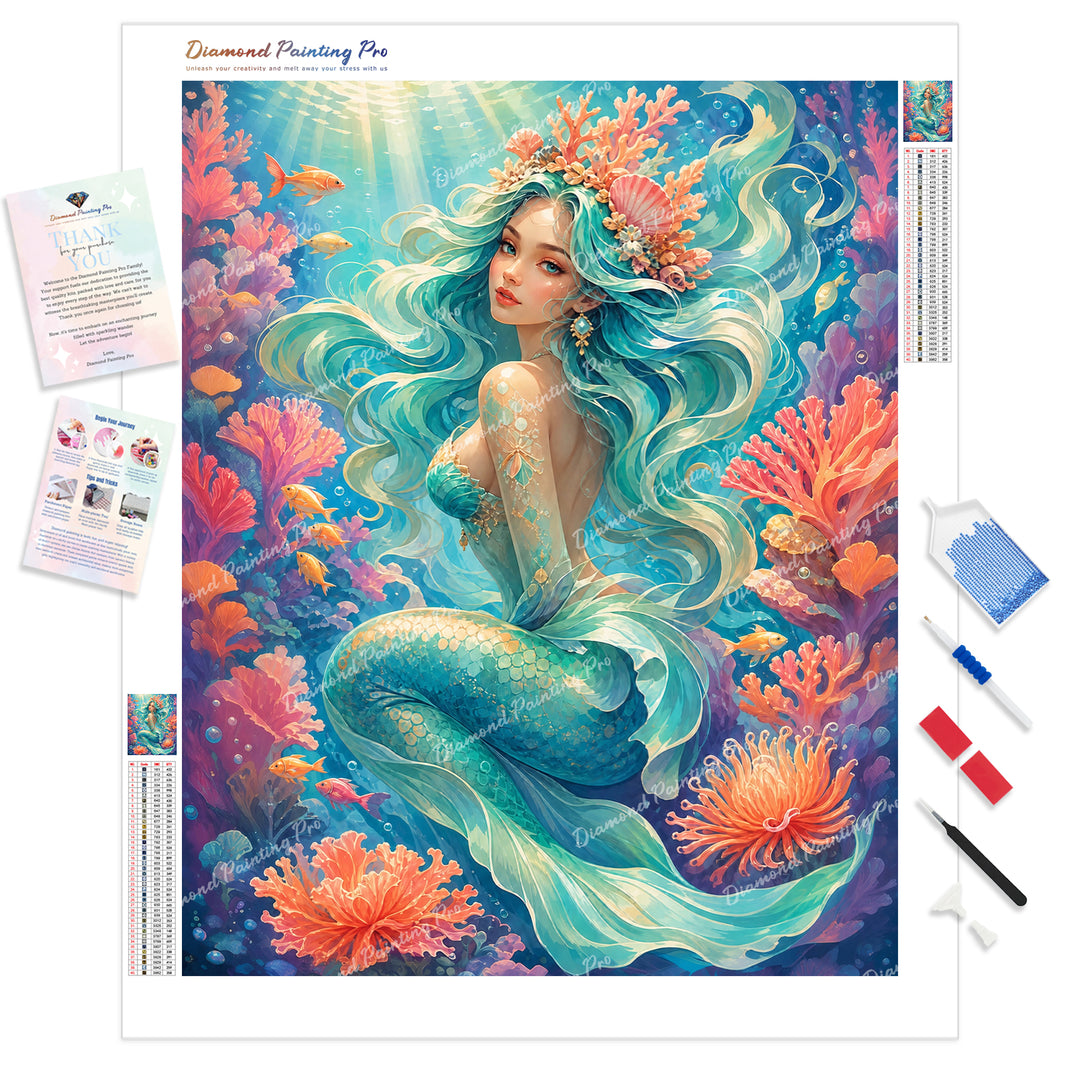 Coral Reef Mermaid Diamond Painting Kit - Full Drill / Square or Round Diamonds with AB Drills Option