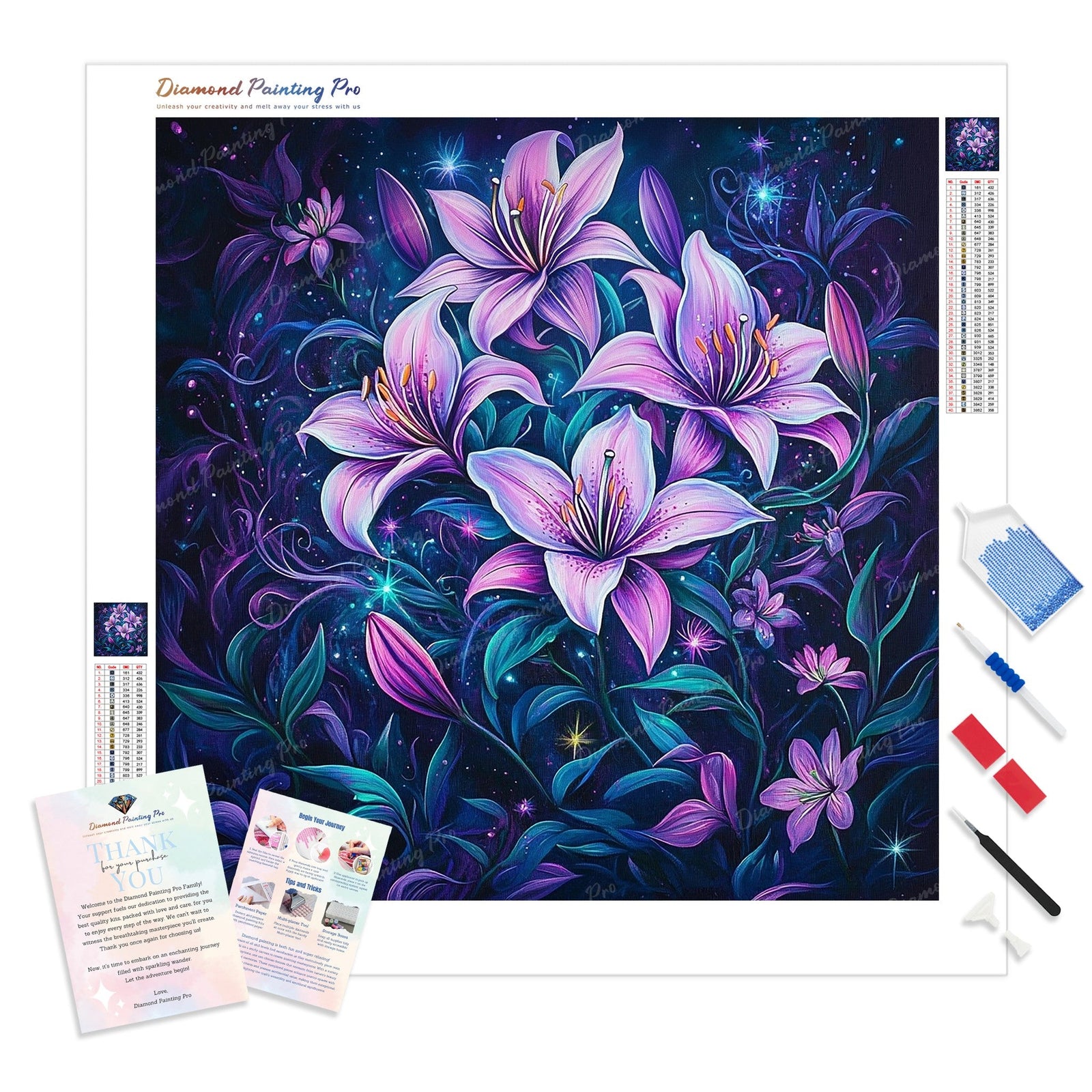 Cosmic Lillies Diamond Painting Kit - Full Drill / Square or Round Diamonds with AB Drills Option