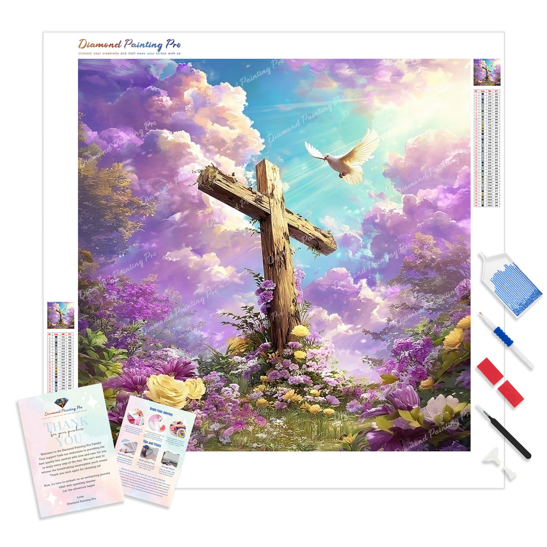 Cross and Lavender Clouds Diamond Painting Kit - Full Drill / Square or Round Diamonds with AB Drills Option