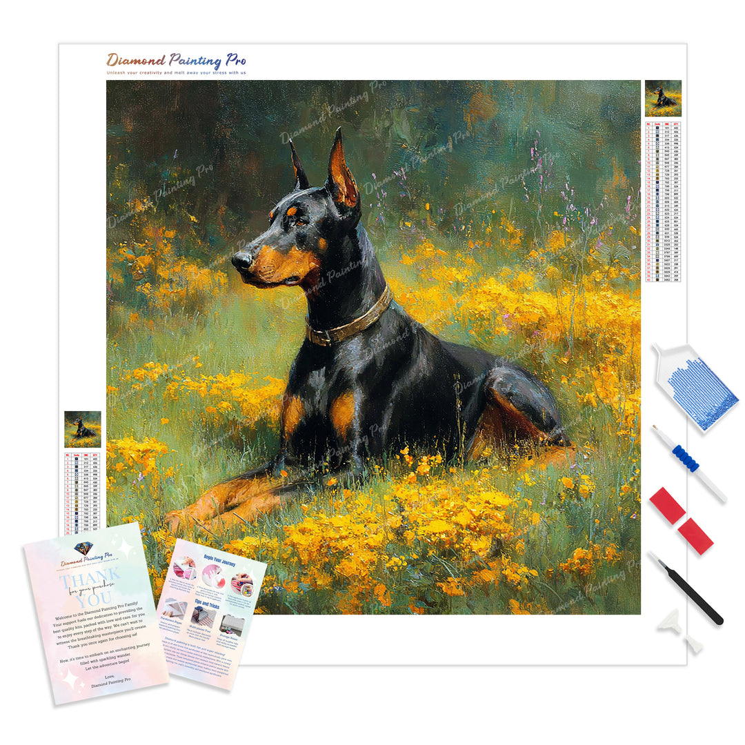 Doberman and Wildflower Diamond Painting Kit - Full Drill / Square or Round Diamonds with AB Drills Option