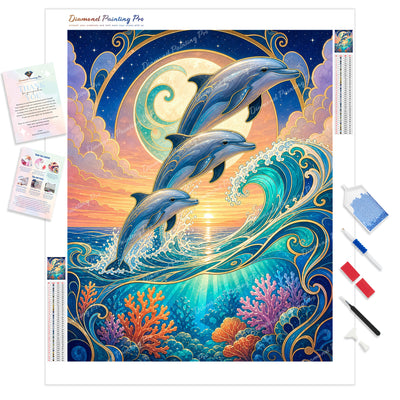 Dolphins Leaping Diamond Painting Kit - Full Drill / Square or Round Diamonds with AB Drills Option