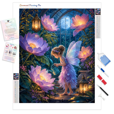 Fairy Watering Flowers Diamond Painting Kit - Full Drill / Square or Round Diamonds with AB Drills Option