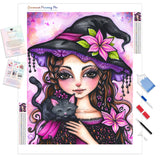 Witch's Kitty Cuddle | Diamond Painting Kit - Full Drill - Square or Round Diamonds with AB Drills Option