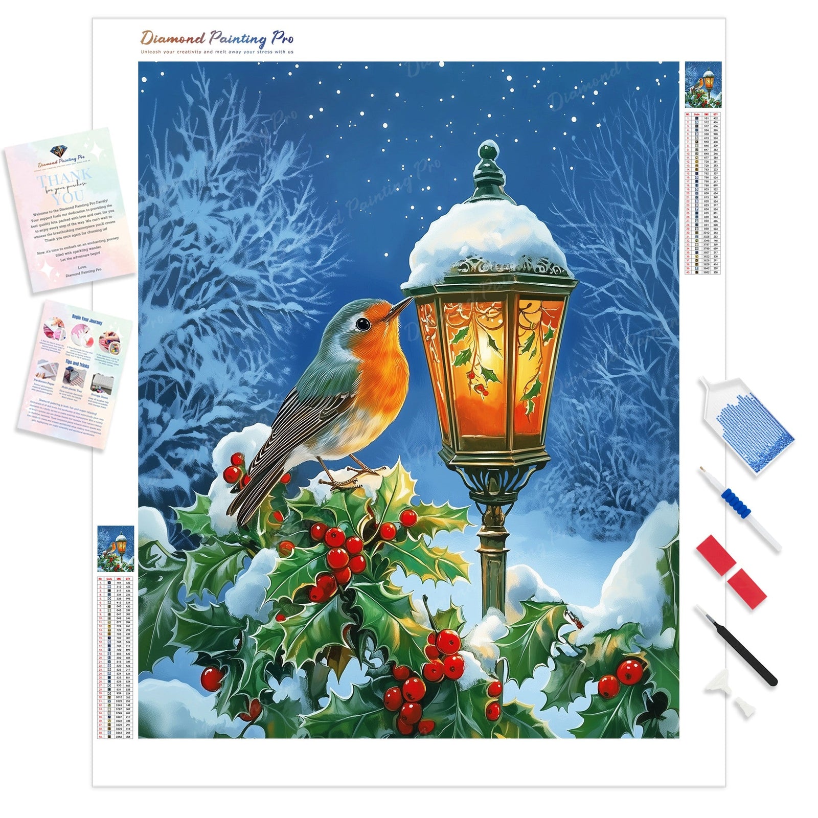 Festive Winter Streetlamp Diamond Painting Kit - Full Drill / Square or Round Diamonds with AB Drills Option