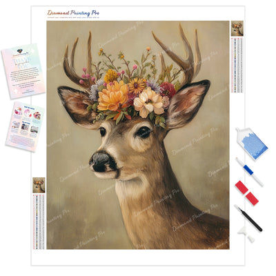 Floral Antler Diamond Painting Kit - Full Drill / Square or Round Diamonds with AB Drills Option
