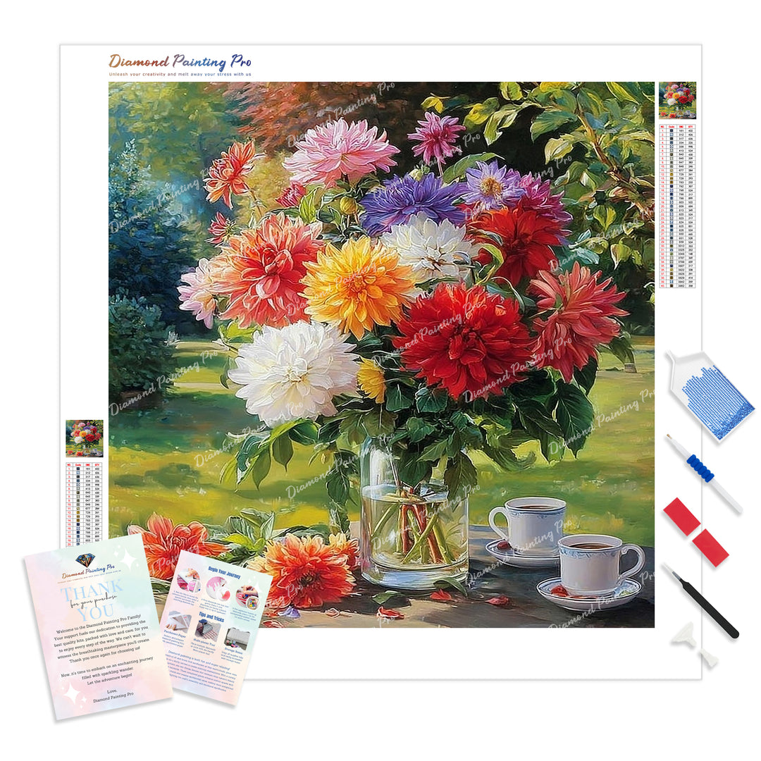 Floral Tea Party Diamond Painting Kit - Full Drill / Square or Round Diamonds with AB Drills Option