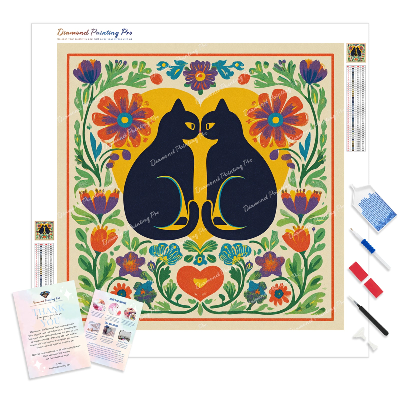 Folk Art Black Cats Diamond Painting Kit - Full Drill / Square or Round Diamonds with AB Drills Option