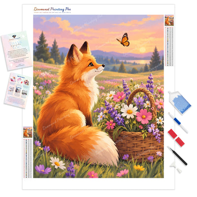 Fox in Wildflower Field Diamond Painting Kit - Full Drill / Square or Round Diamonds with AB Drills Option