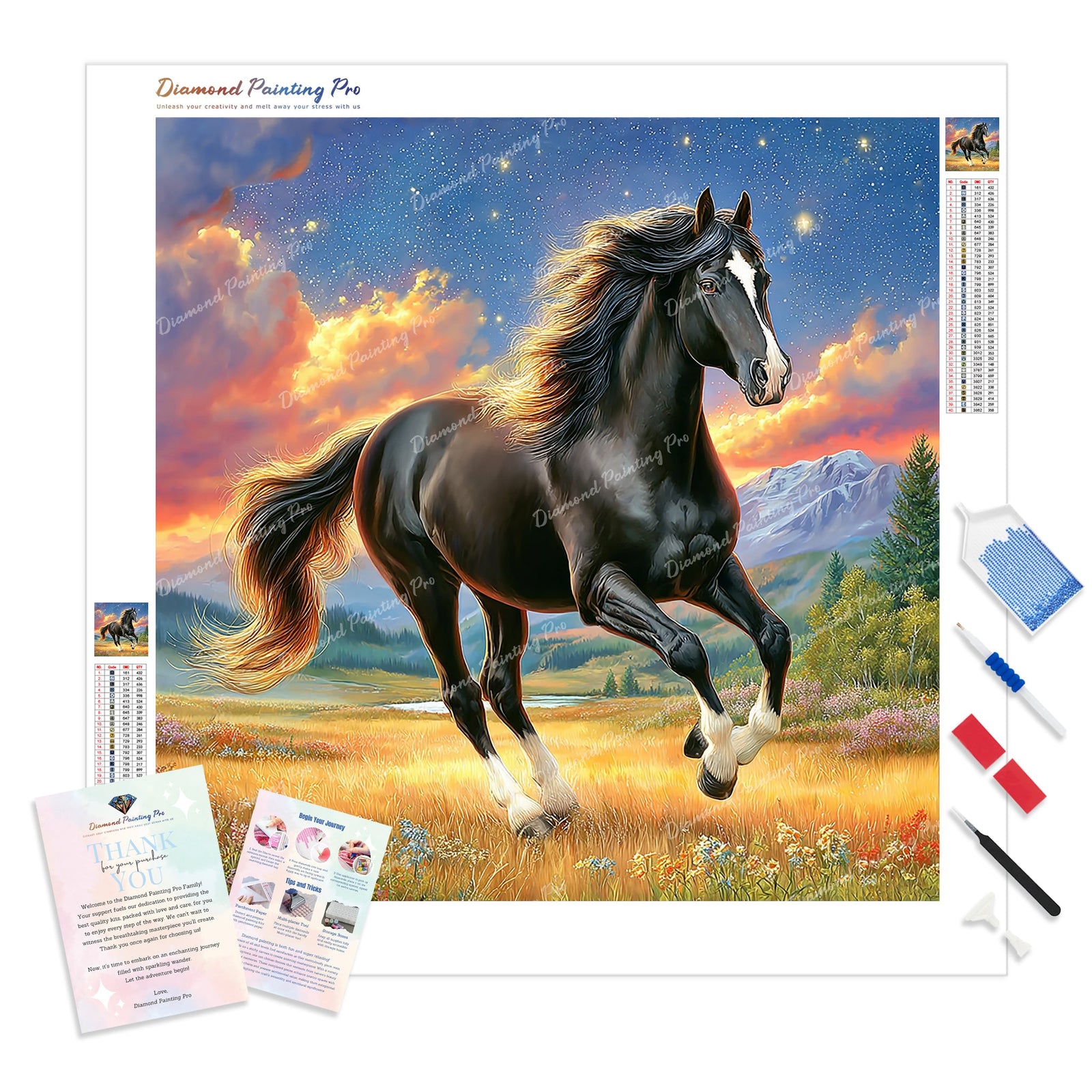 Galloping Black Horse Diamond Painting Kit - Full Drill / Square or Round Diamonds with AB Drills Option
