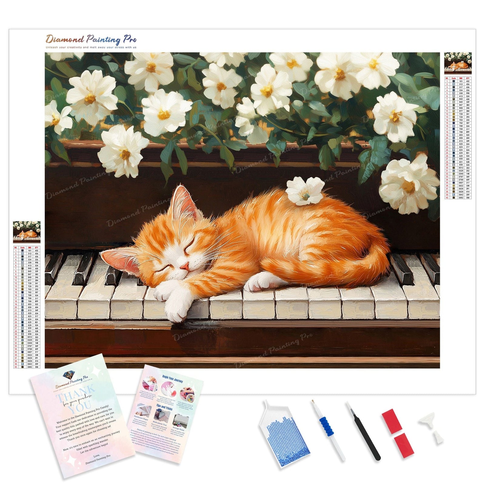 Ginger Cat and Flowers Diamond Painting Kit - Full Drill / Square or Round Diamonds with AB Drills Option