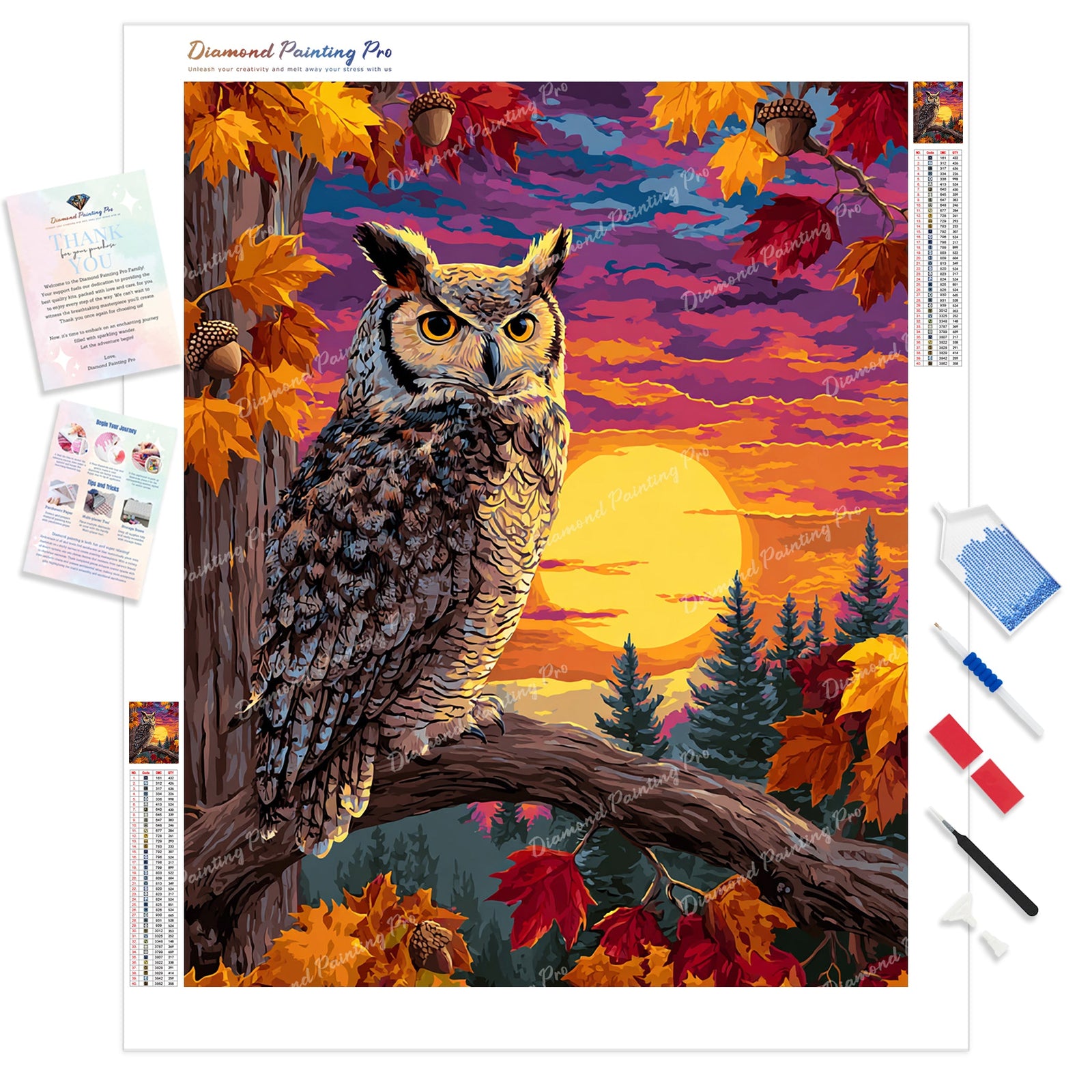 Golden Hour Owl Diamond Painting Kit - Full Drill / Square or Round Diamonds with AB Drills Option