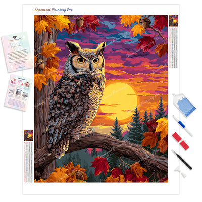 Golden Hour Owl Diamond Painting Kit - Full Drill / Square or Round Diamonds with AB Drills Option