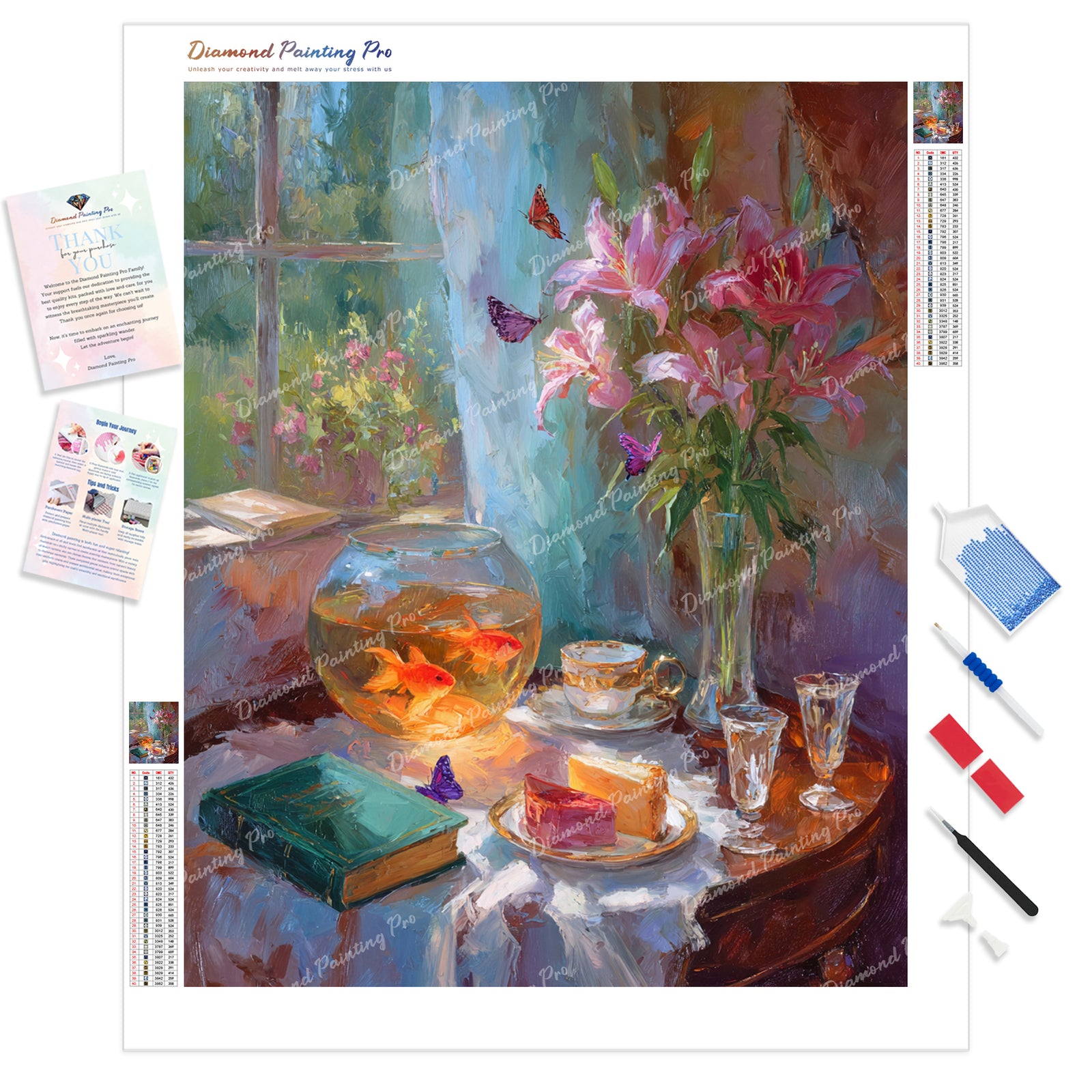 Goldfish Tea Party Diamond Painting Kit - Full Drill / Square or Round Diamonds with AB Drills Option