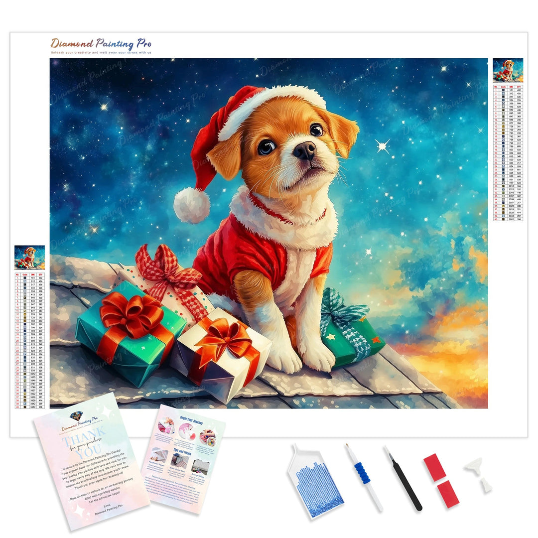 Happy Holiday Pup Diamond Painting Kit - Full Drill / Square or Round Diamonds with AB Drills Option