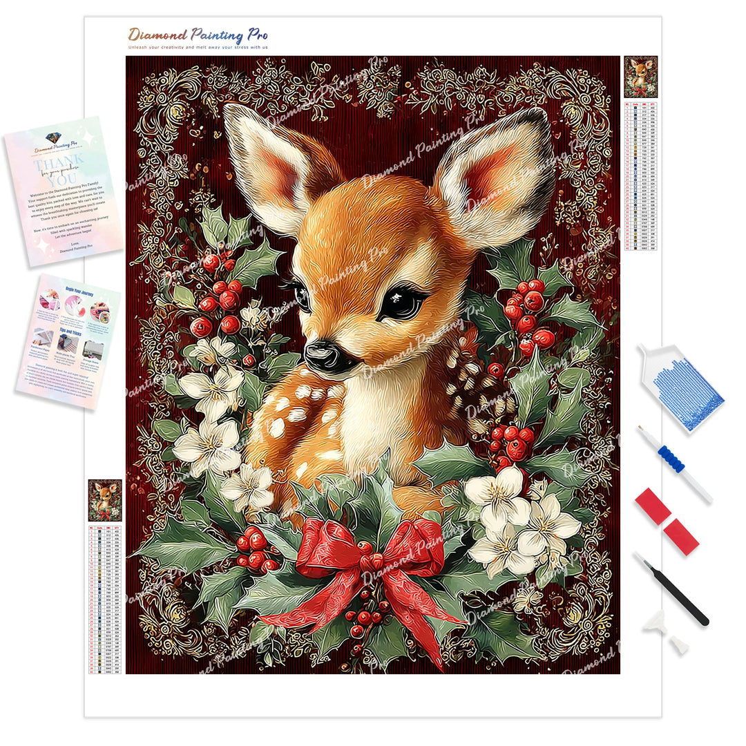 Holly Jolly Fawn Diamond Painting Kit - Full Drill / Square or Round Diamonds with AB Drills Option