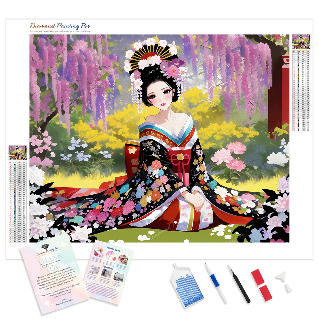 Kimono Under Cherry Blossom | Diamond Painting Kit - Full Drill - Square or Round Diamonds with AB Drills Option