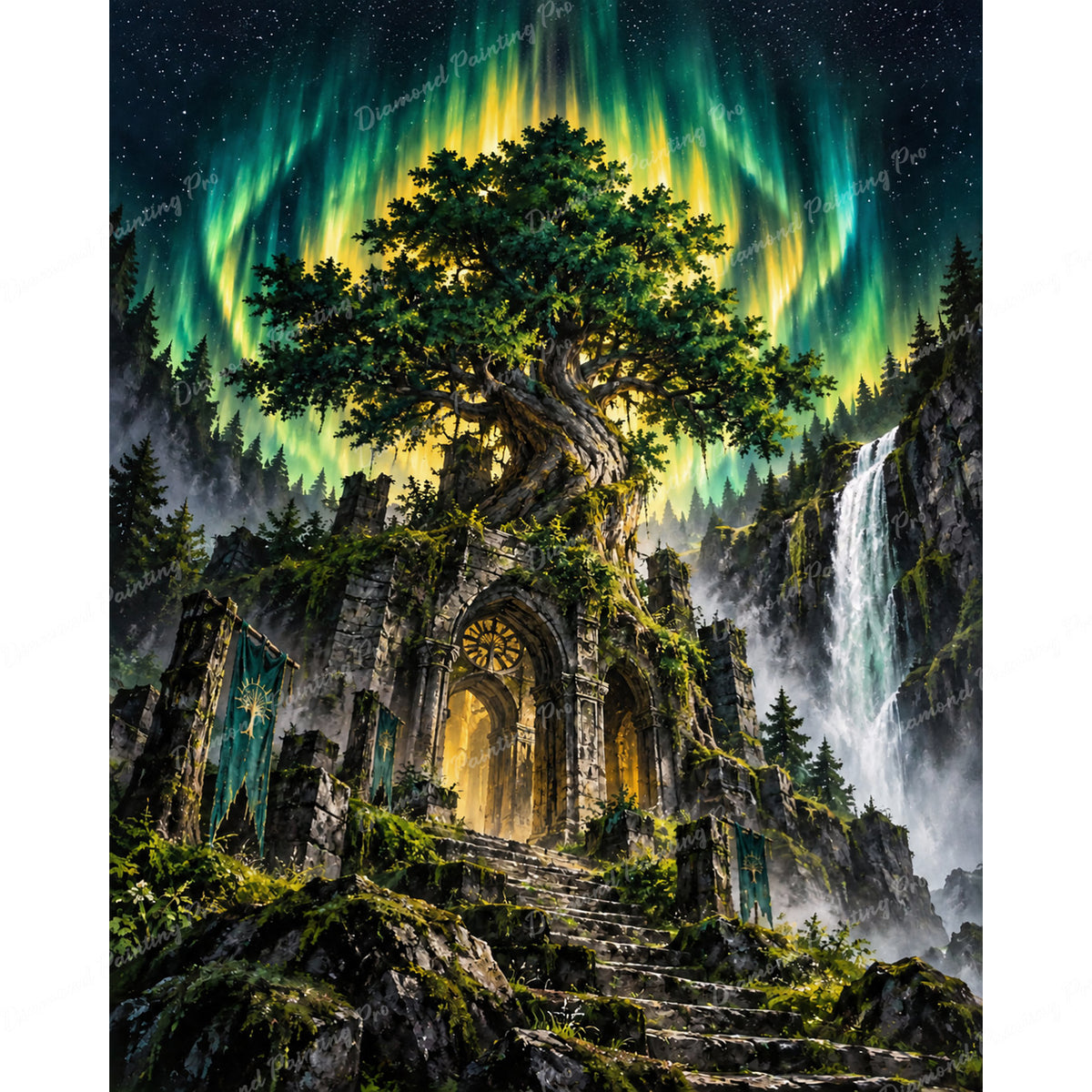 Aurora Tree Temple Diamond Art Design - Full Drill with 5d Square or Round Diamonds / AB Drills Available