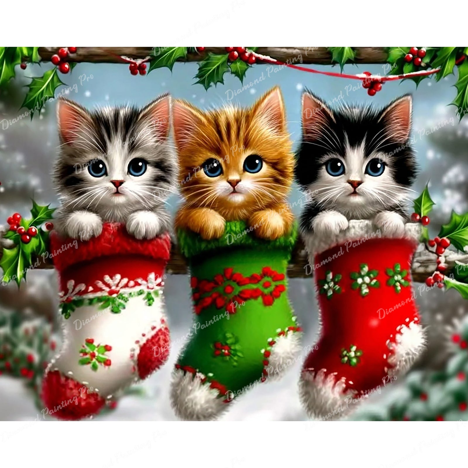 Christmas Stocking Kittens Diamond Art Design - Full Drill with 5d Square or Round Diamonds / AB Drills Available