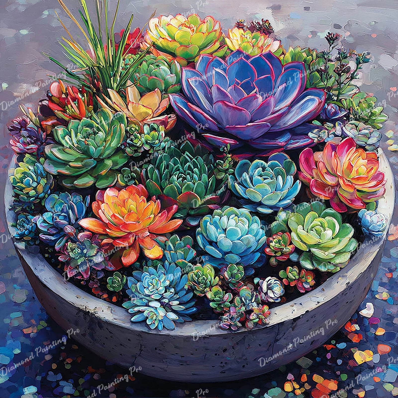 Colorful Succulent Bowl Diamond Art Design - Full Drill with 5d Square or Round Diamonds / AB Drills Available