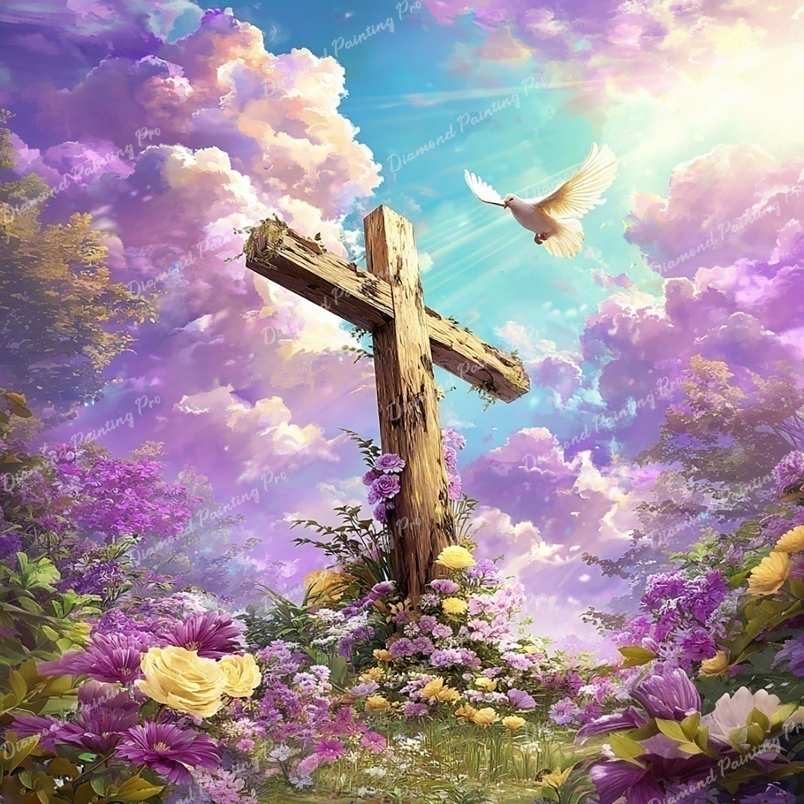 Cross and Lavender Clouds Diamond Art Design - Full Drill with 5d Square or Round Diamonds / AB Drills Available