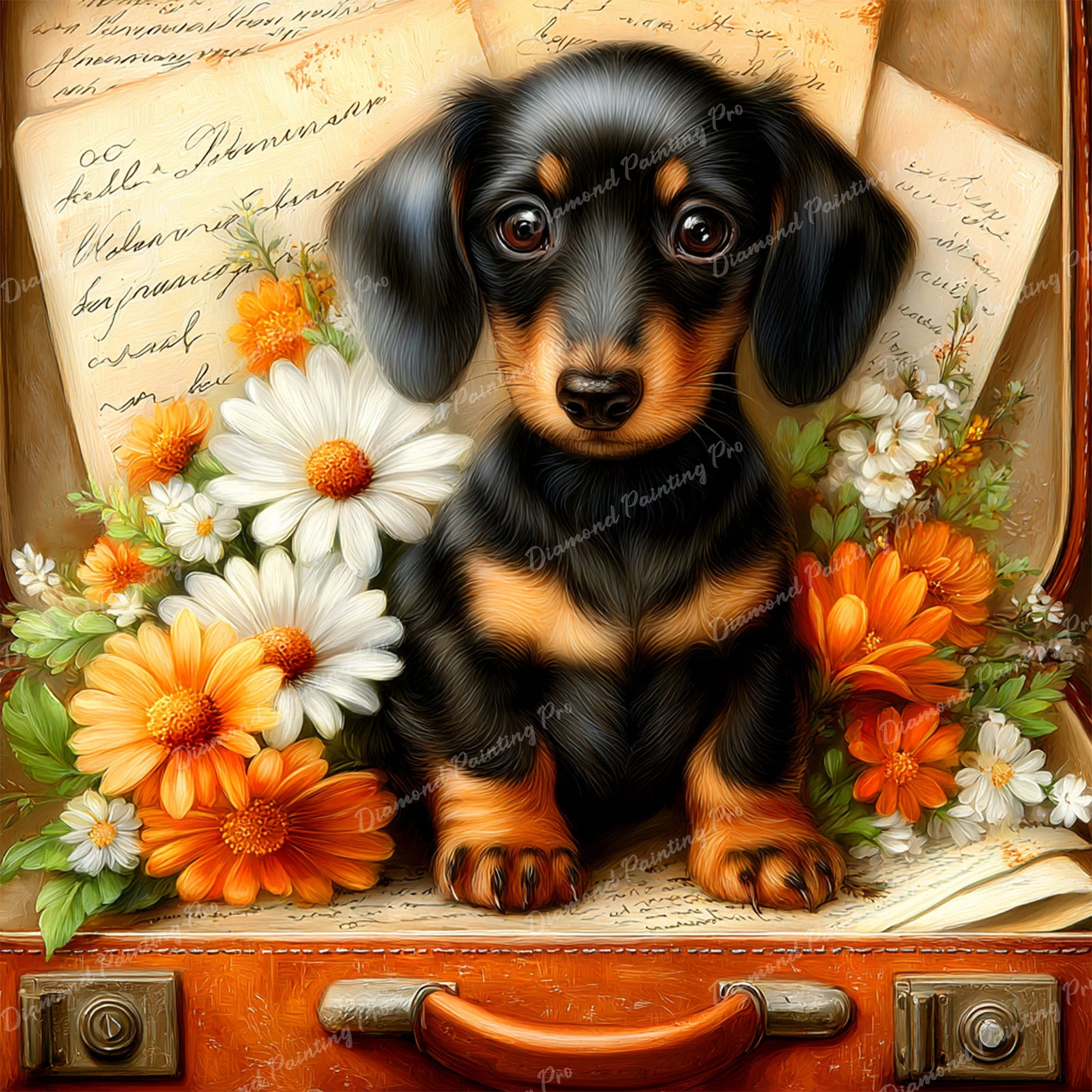 Dachshund and Daisies Diamond Art Design - Full Drill with 5d Square or Round Diamonds / AB Drills Available