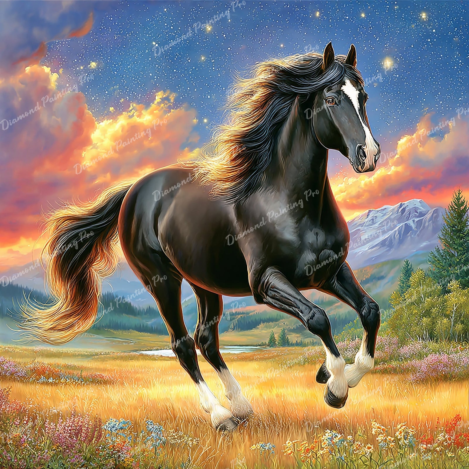 Galloping Black Horse Diamond Art Design - Full Drill with 5d Square or Round Diamonds / AB Drills Available