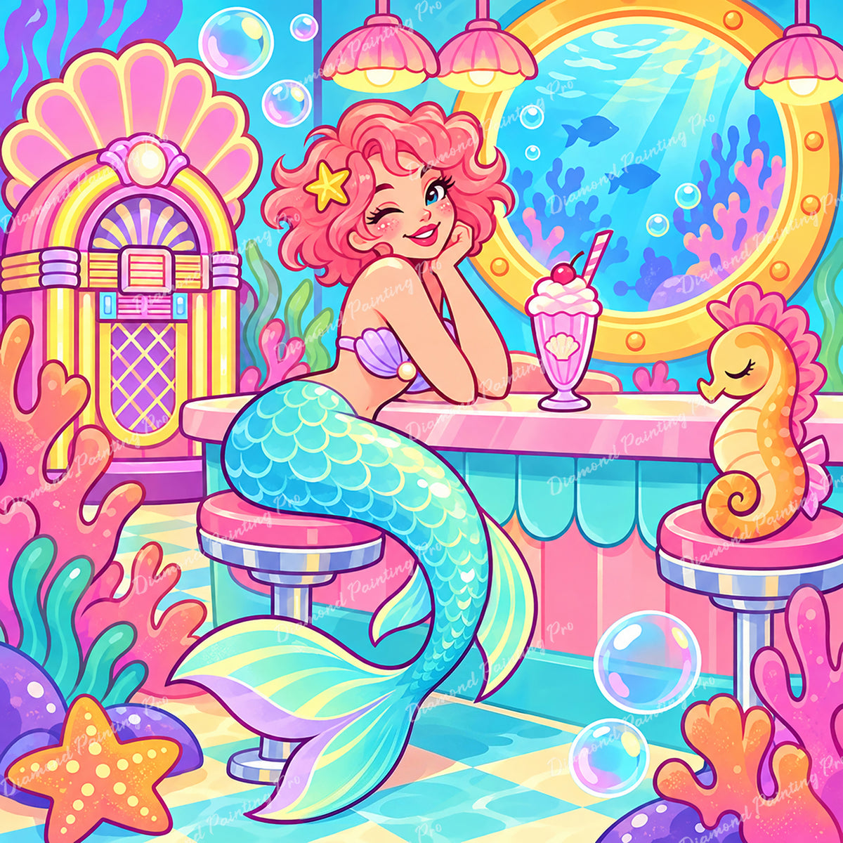 Jukebox Mermaid Diamond Art Design - Full Drill with 5d Square or Round Diamonds / AB Drills Available
