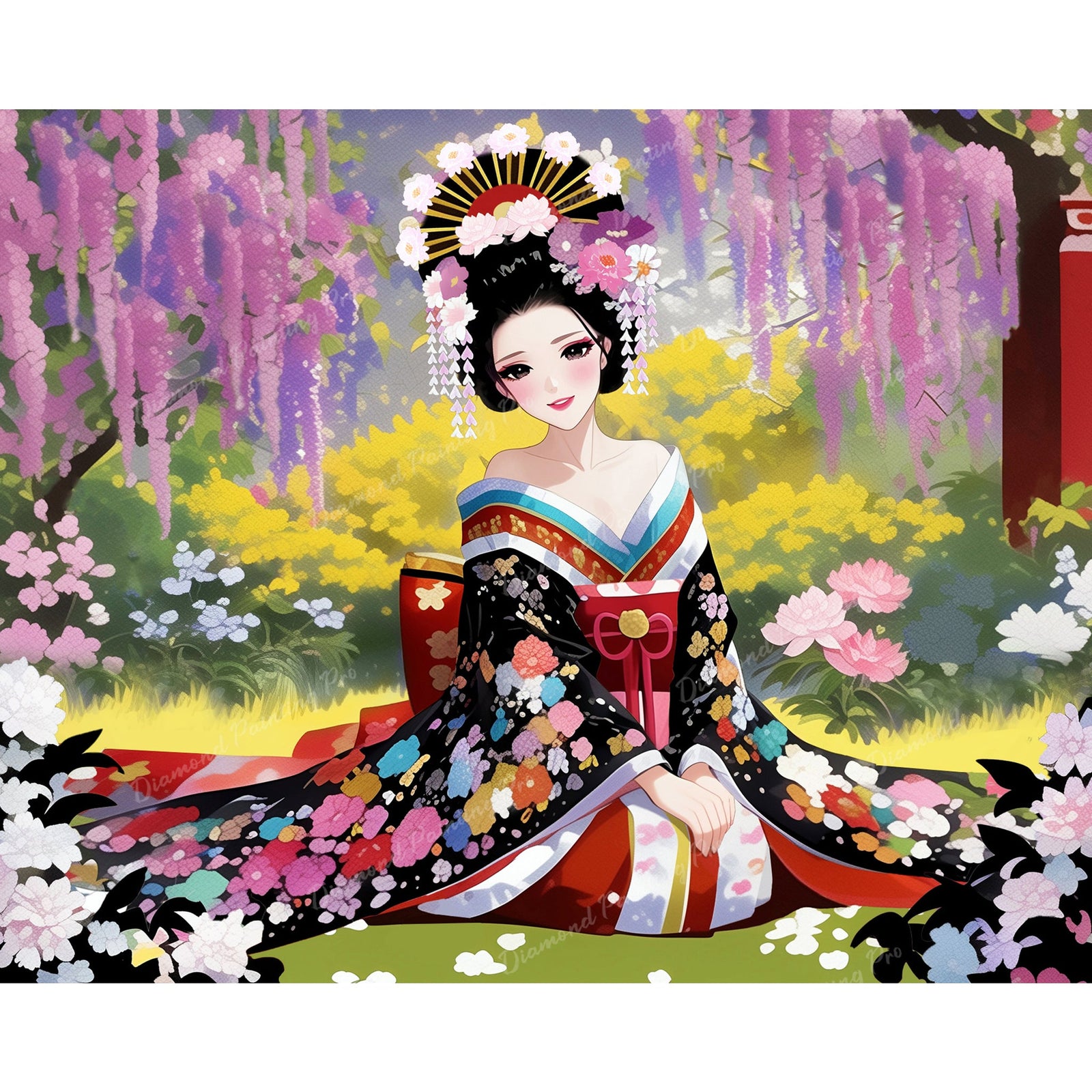 Kimono Under Cherry Blossom | Diamond Painting Design - Full Drill Diamond Art with 5d Square or Round Diamonds - AB Drills Available