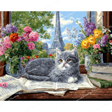 Kitten and Paris Window Diamond Art Design - Full Drill with 5d Square or Round Diamonds / AB Drills Available