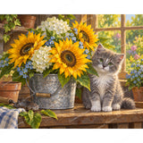 Kitten and Sunflowers Diamond Art Design - Full Drill with 5d Square or Round Diamonds / AB Drills Available