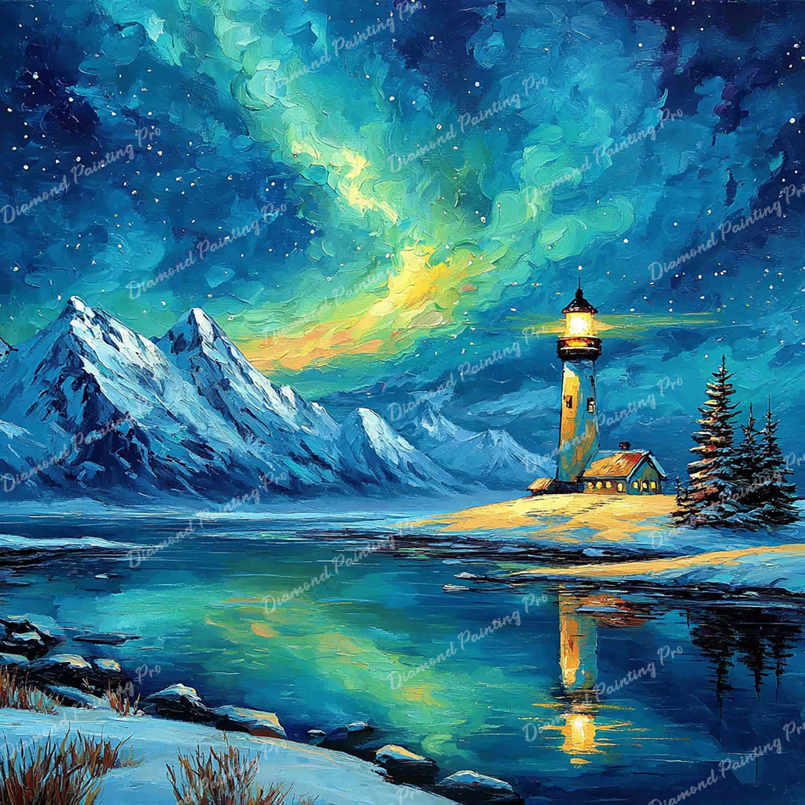 Lighthouse Under Aurora Diamond Art Design - Full Drill with 5d Square or Round Diamonds / AB Drills Available