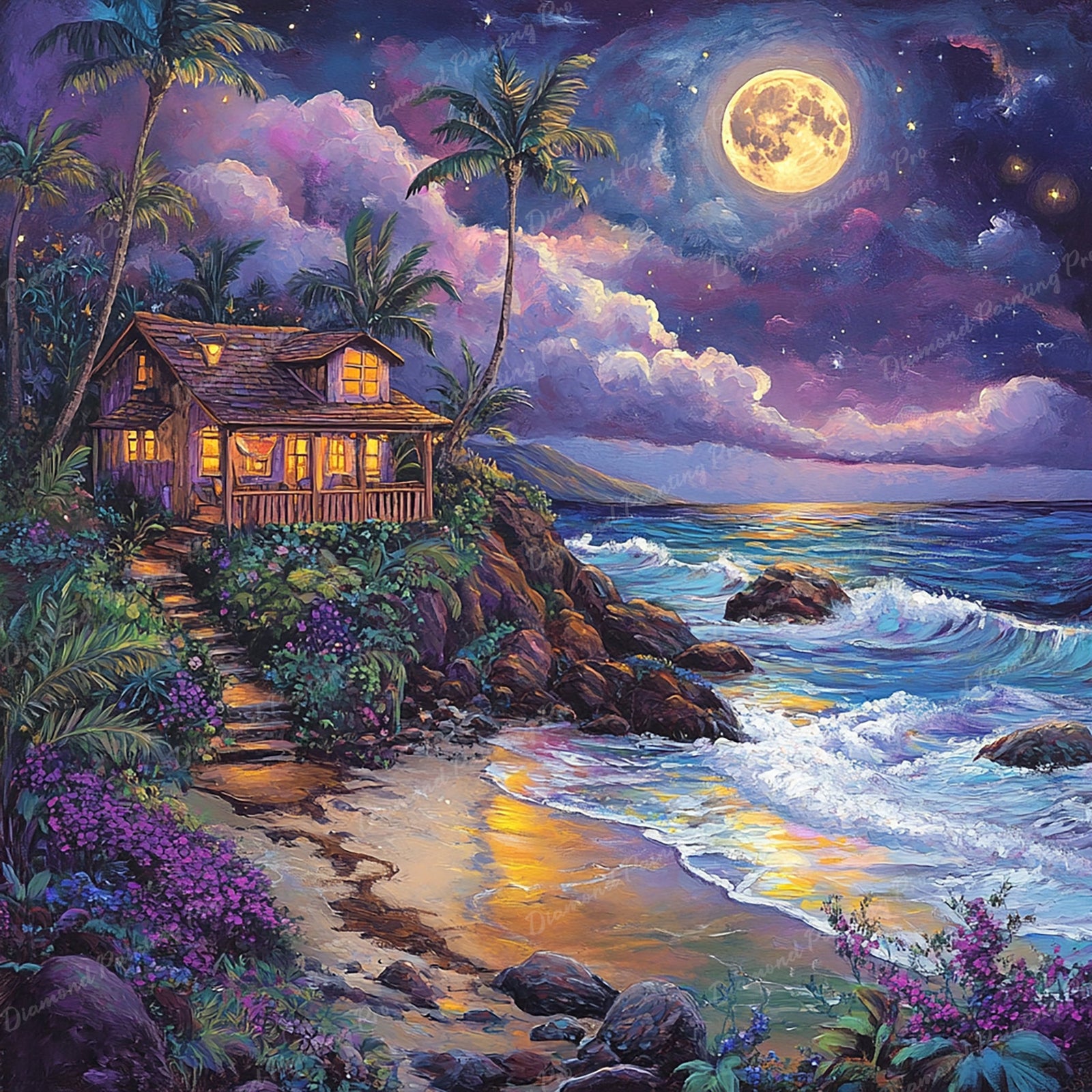 Moonlit Tropical Escape Diamond Art Design - Full Drill with 5d Square or Round Diamonds / AB Drills Available