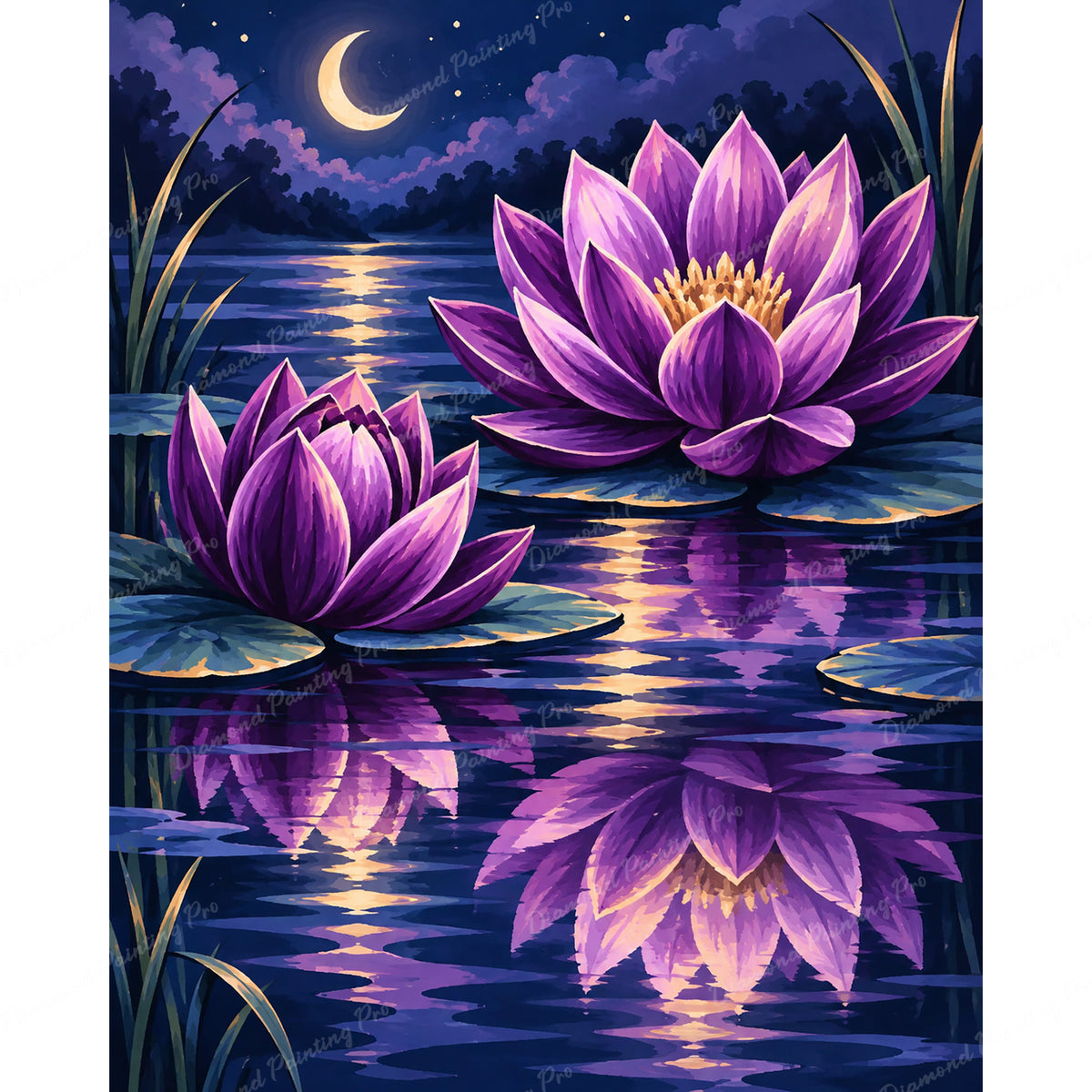 Moonlit Water Lily Diamond Art Design - Full Drill with 5d Square or Round Diamonds / AB Drills Available