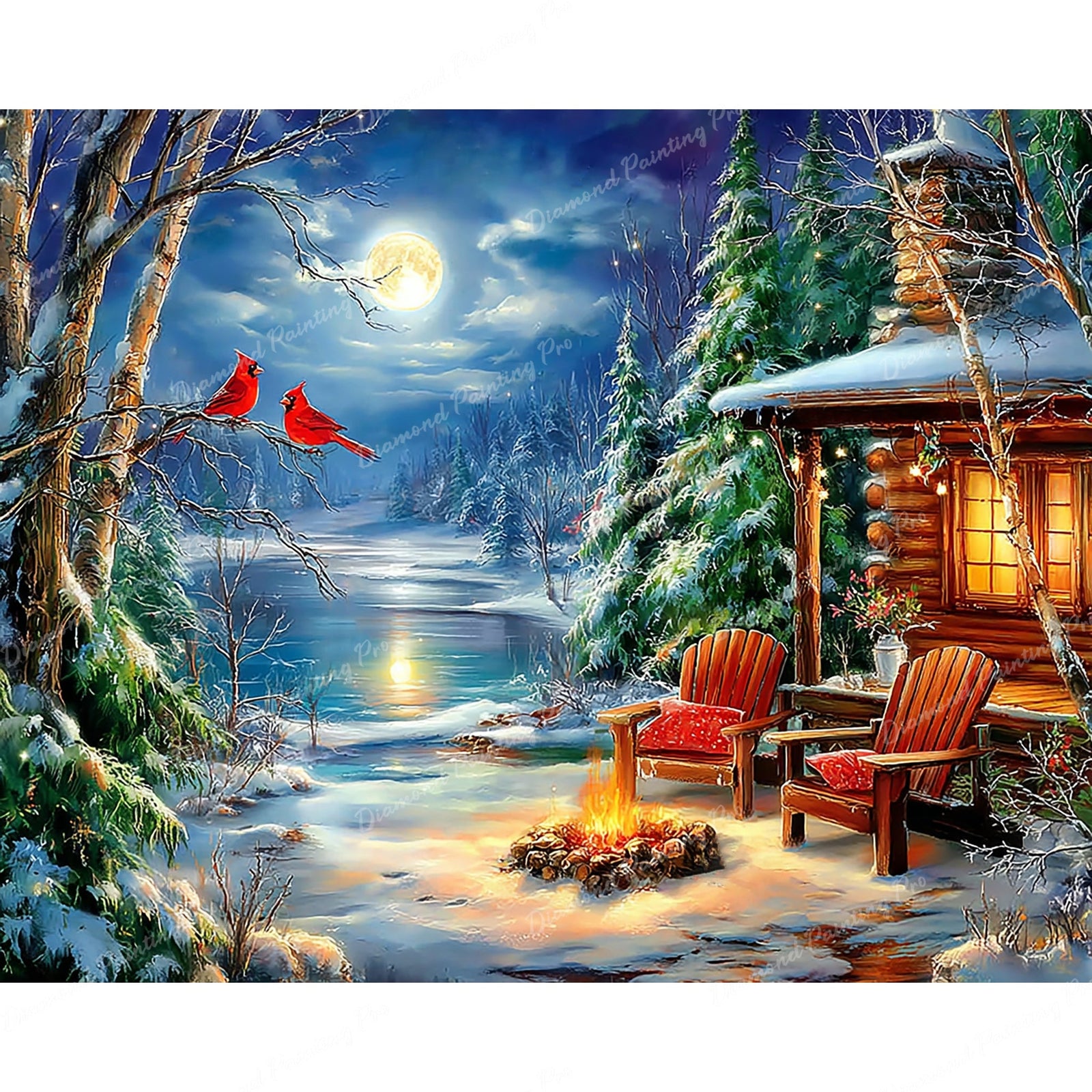 Moonlit Winter Fireside Diamond Art Design - Full Drill with 5d Square or Round Diamonds / AB Drills Available