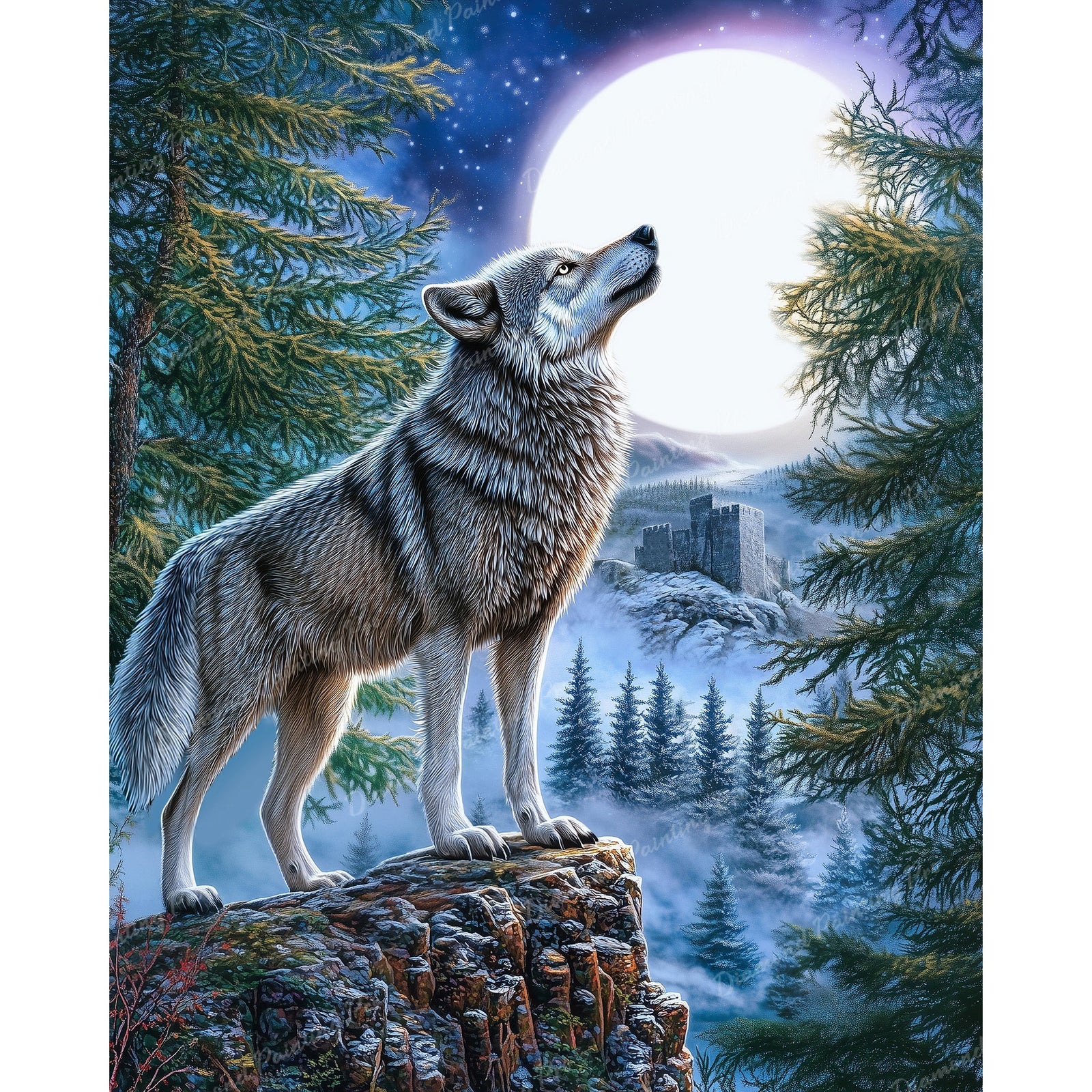 Moonlit Wolf Howl | Diamond Painting Design - Full Drill Diamond Art with 5d Square or Round Diamonds - AB Drills Available