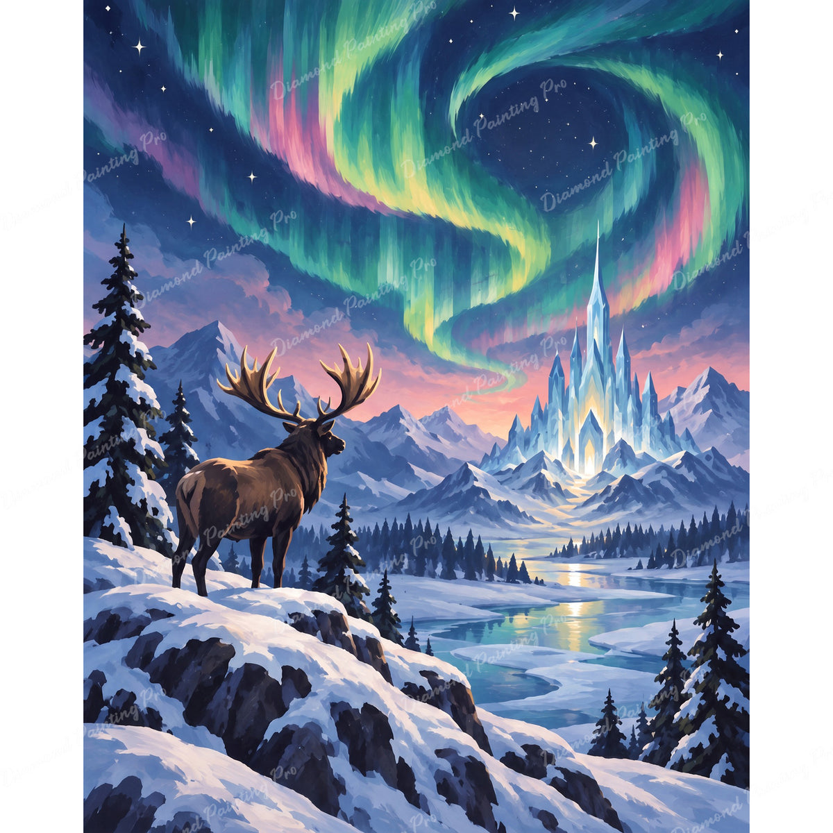 Moose and Ice Castle Diamond Art Design - Full Drill with 5d Square or Round Diamonds / AB Drills Available