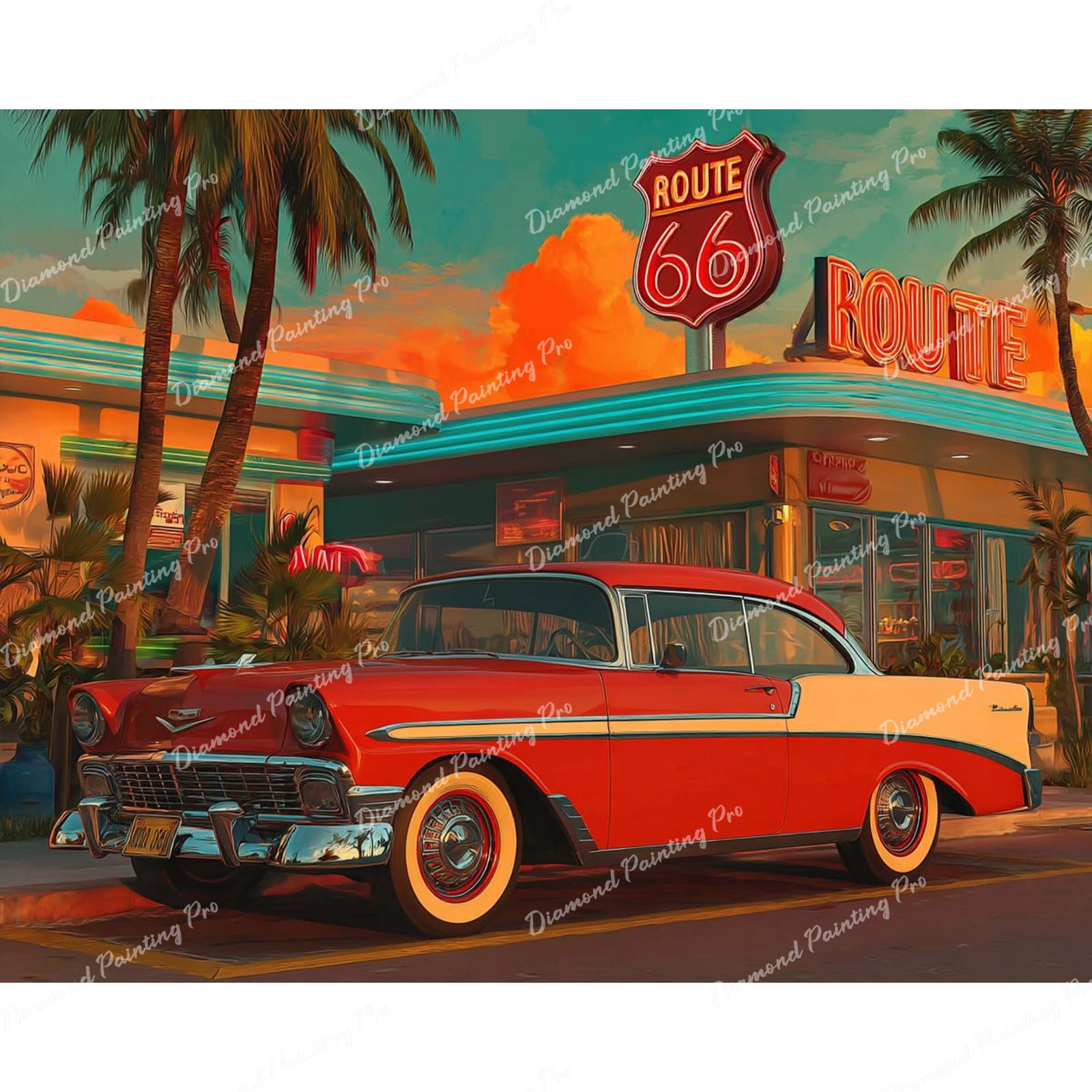 Red Vintage Car and Diner Diamond Art Design - Full Drill with 5d Square or Round Diamonds / AB Drills Available