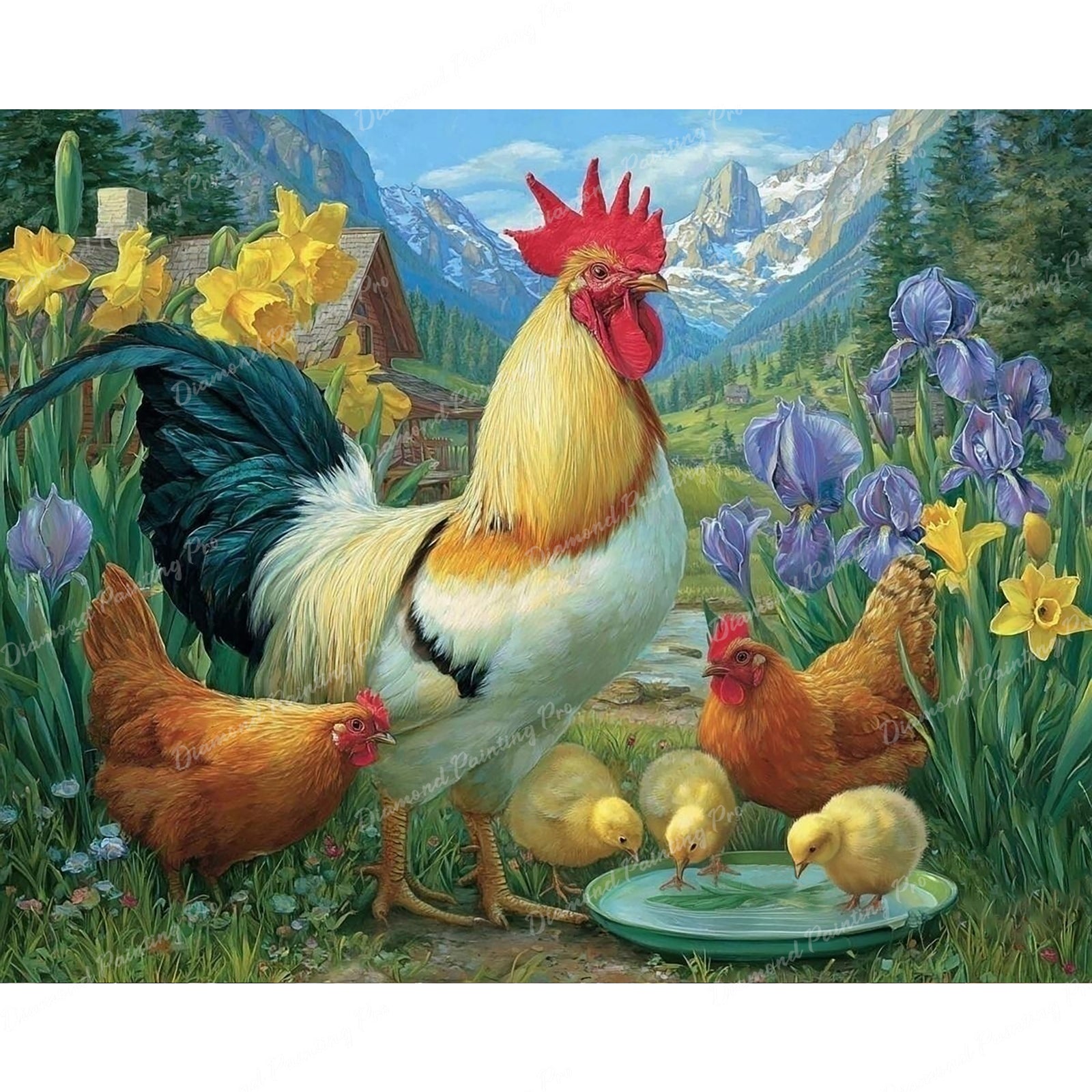 Rooster Family Diamond Art Design - Full Drill with 5d Square or Round Diamonds / AB Drills Available