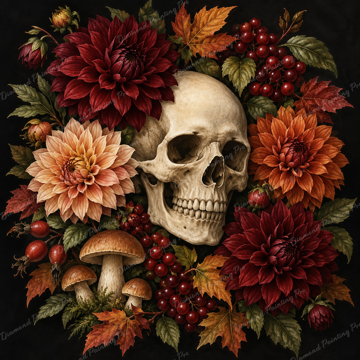 Skull with Dahlias Diamond Art Design - Full Drill with 5d Square or Round Diamonds / AB Drills Available