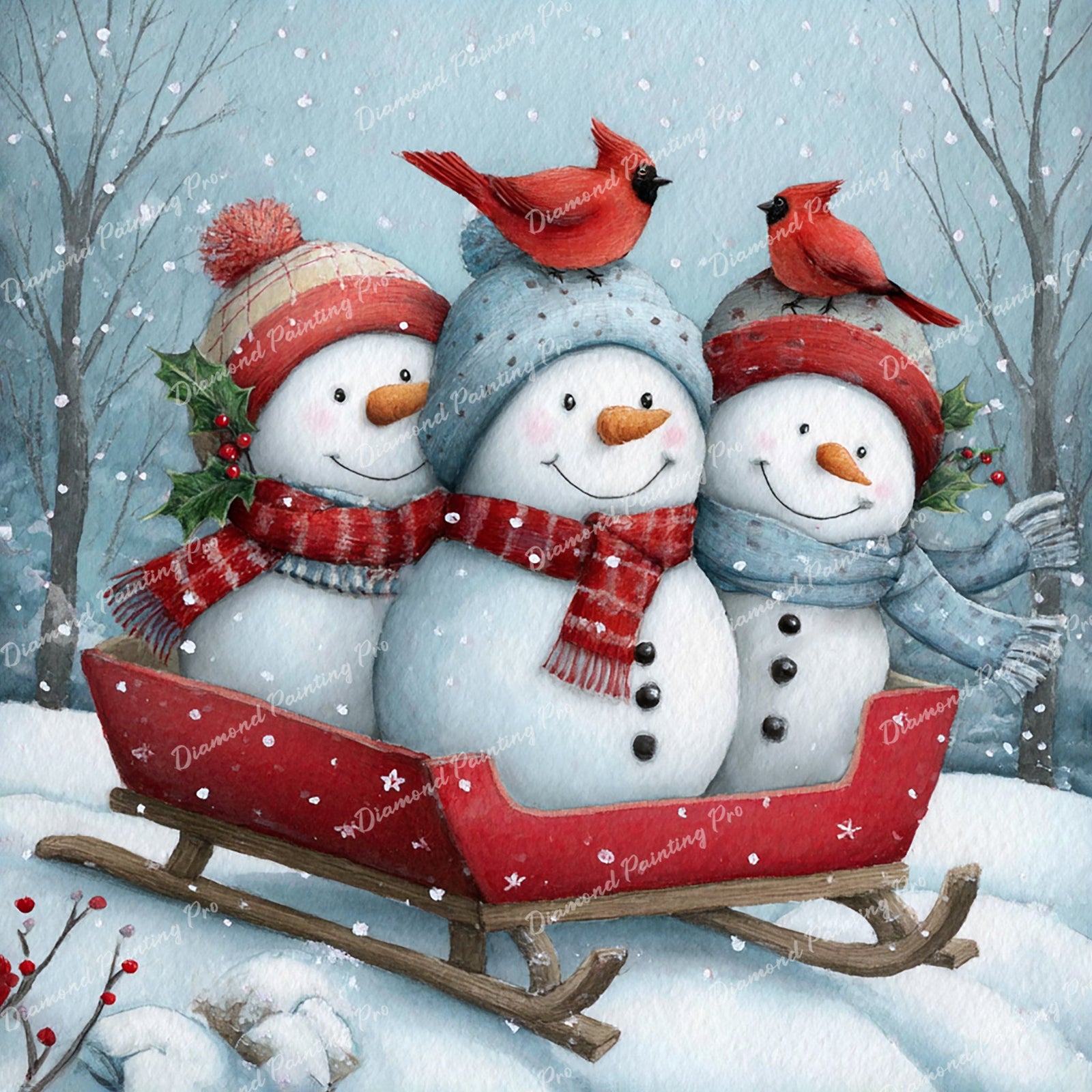 Sleigh Ride Snowmans Diamond Art Design - Full Drill with 5d Square or Round Diamonds / AB Drills Available
